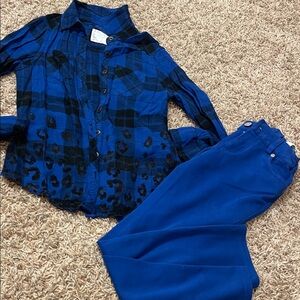 Blue Plaid Shirt and Pants Set